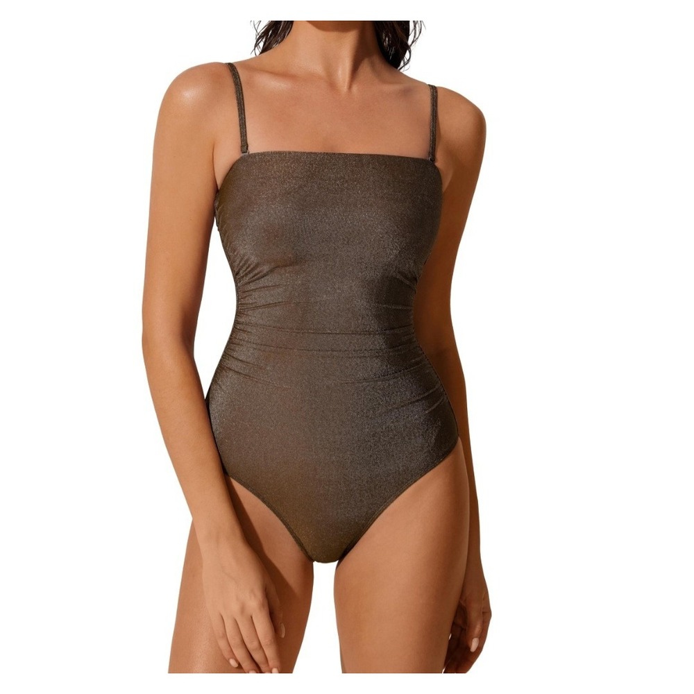 Metallic Shimmer Ruched One Piece Swimsuit Brown XL Convertible Straps Strapless